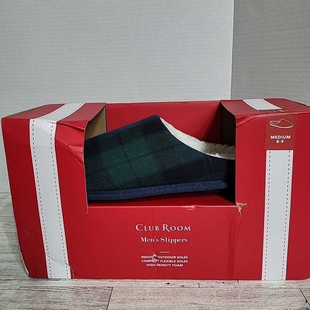 Club Room Men's M 8-9 Green Blue‎ Plaid Slip On Slippers NEW Indoor Outdoor